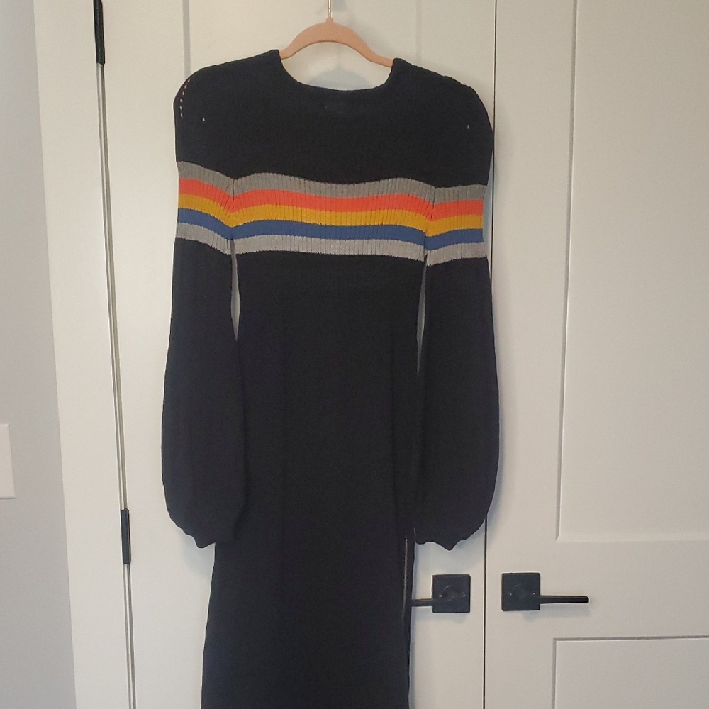 Boho Navy Knit Dress with Colorful Stripes